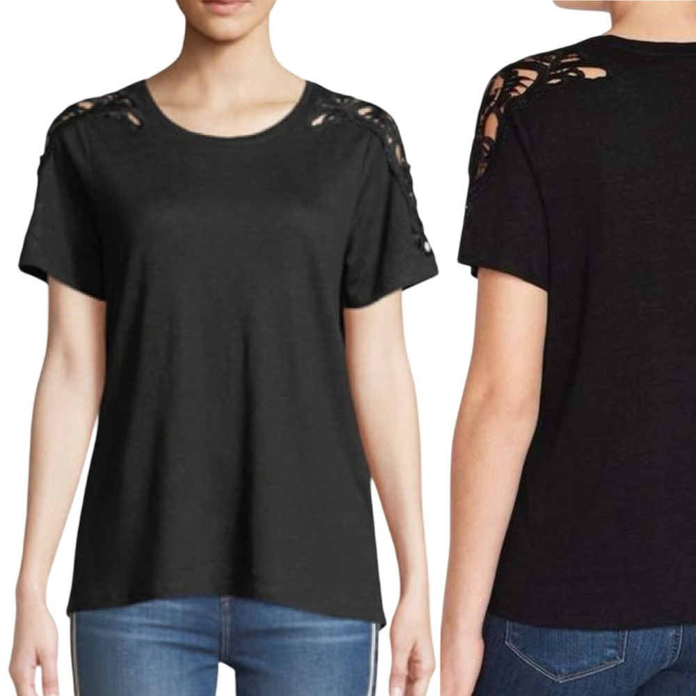 Paige Womens Cassandra Crochet‎ Lace Linen T-Shirt Size Small Black Lightweight